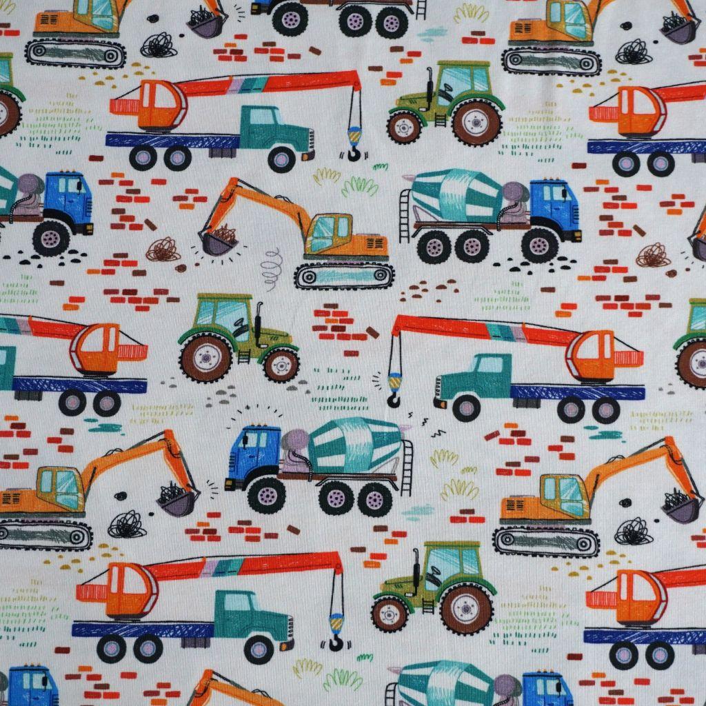 Baumwolljersey Baufahrzeuge bunt ecru – FVJ